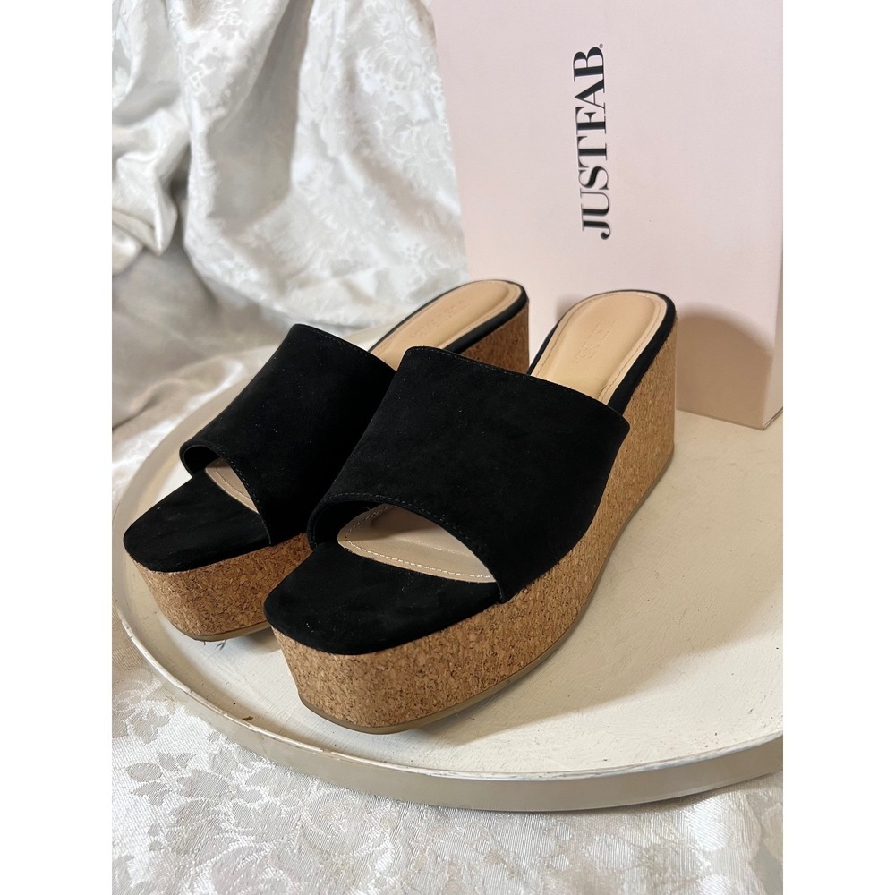 JustFab Delia Black Cork Platform Wedge Sandals Mules WE2147705-0001-83085 Women